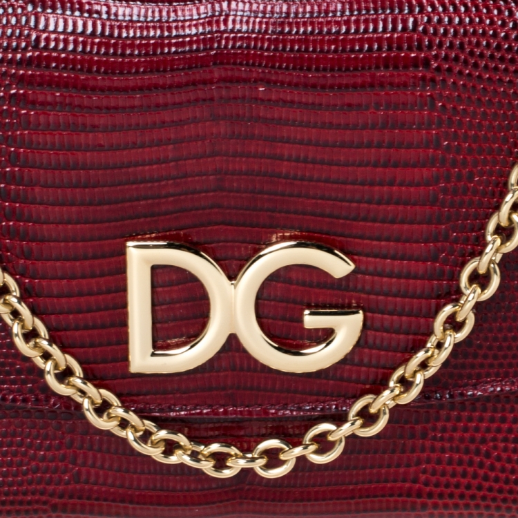 Pre Owned Dolce and Gabbana Red Lizard Embossed Leather Logo Flap Chain Clutch