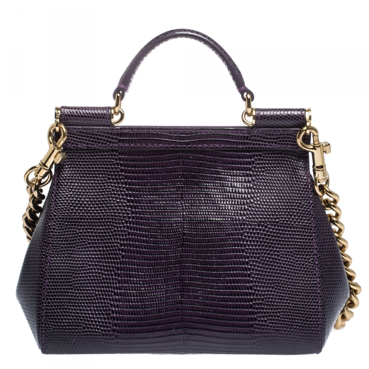 Pre Owned Dolce & Gabbana Purple Lizard Embossed Leather Mini Crystal Embellished Logo Sicily Top Handle Bag