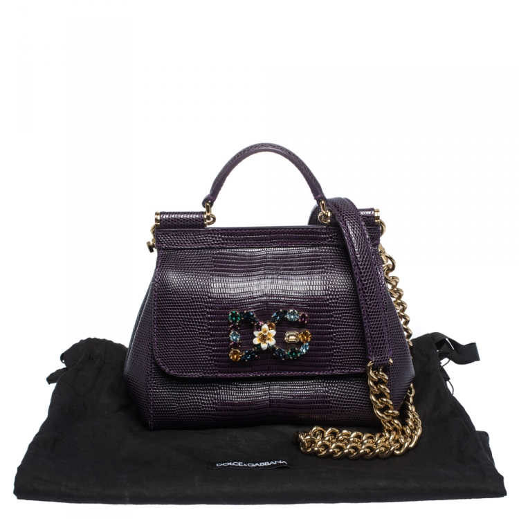 Pre Owned Dolce & Gabbana Purple Lizard Embossed Leather Mini Crystal Embellished Logo Sicily Top Handle Bag