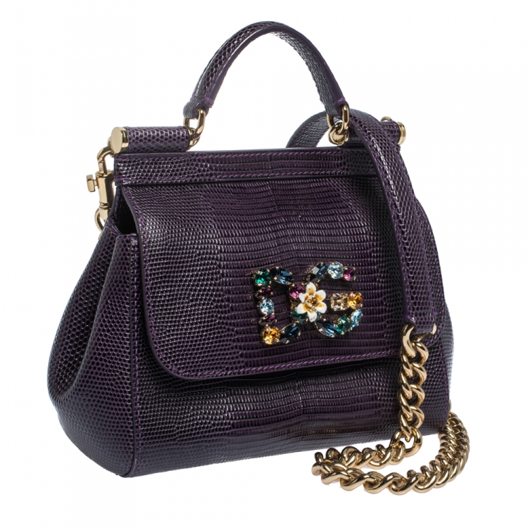 Pre Owned Dolce & Gabbana Purple Lizard Embossed Leather Mini Crystal Embellished Logo Sicily Top Handle Bag