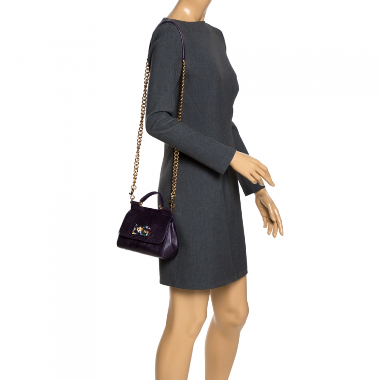 Pre Owned Dolce & Gabbana Purple Lizard Embossed Leather Mini Crystal Embellished Logo Sicily Top Handle Bag