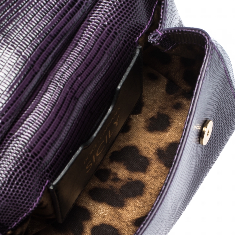 Pre Owned Dolce & Gabbana Purple Lizard Embossed Leather Mini Crystal Embellished Logo Sicily Top Handle Bag