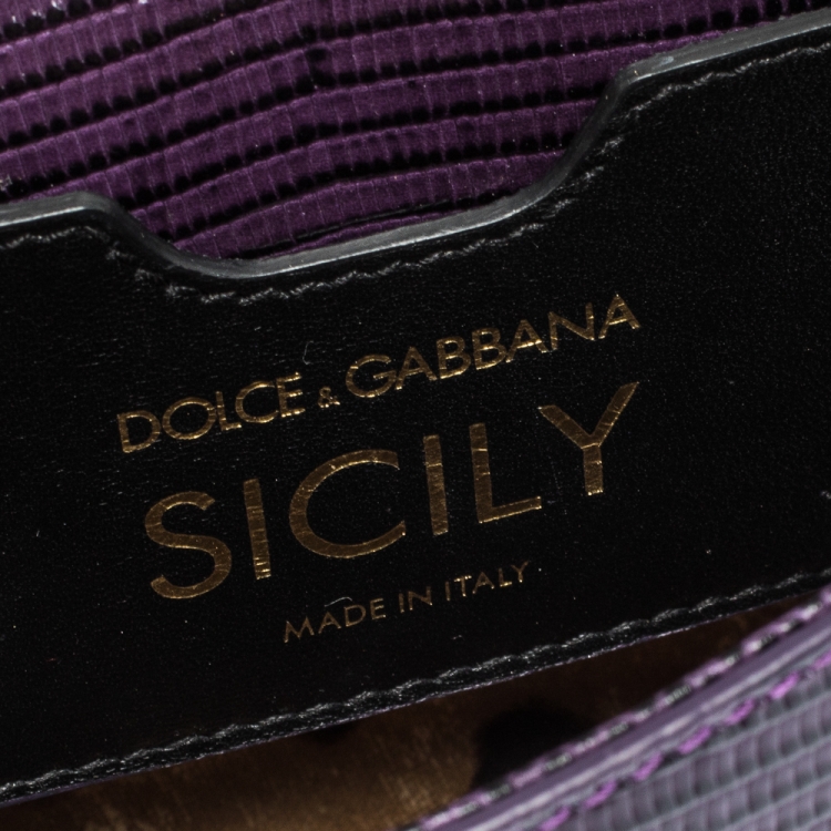 Pre Owned Dolce & Gabbana Purple Lizard Embossed Leather Mini Crystal Embellished Logo Sicily Top Handle Bag
