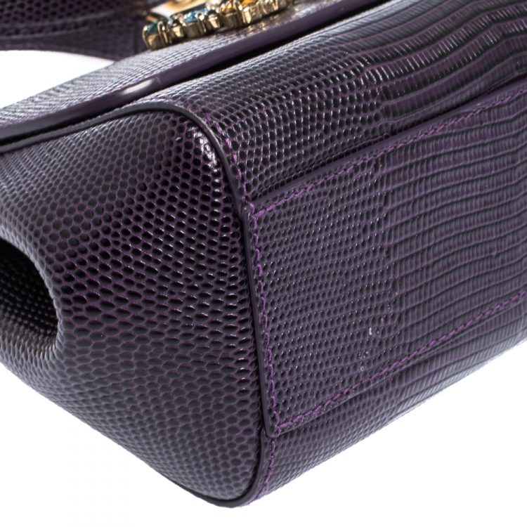 Pre Owned Dolce & Gabbana Purple Lizard Embossed Leather Mini Crystal Embellished Logo Sicily Top Handle Bag