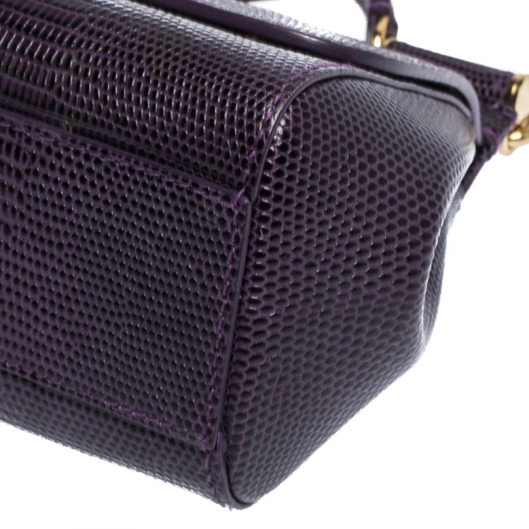 Pre Owned Dolce & Gabbana Purple Lizard Embossed Leather Mini Crystal Embellished Logo Sicily Top Handle Bag