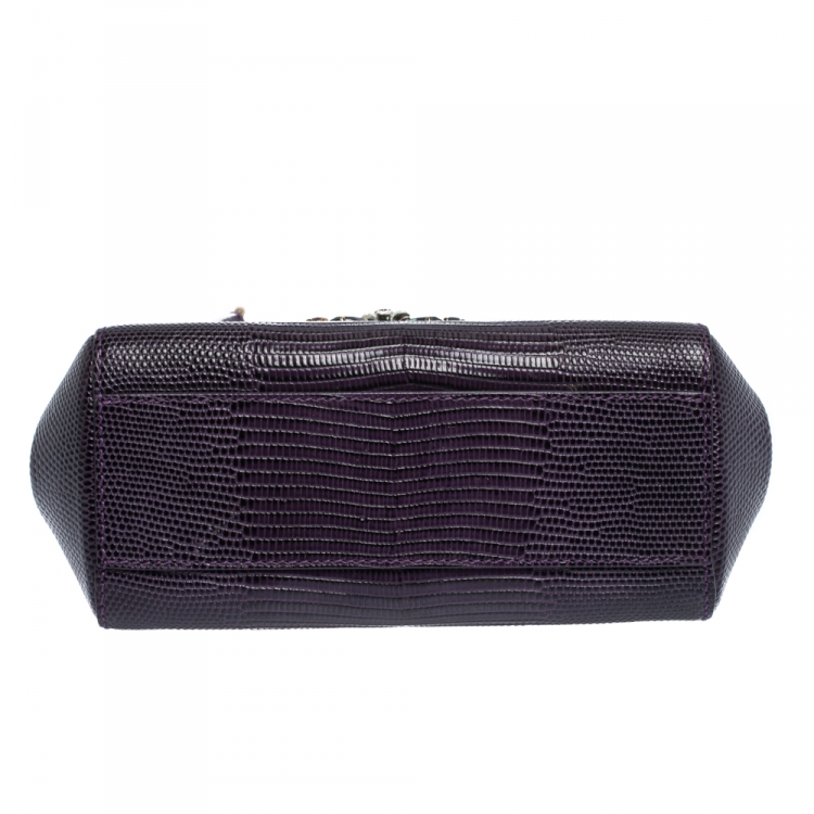 Pre Owned Dolce & Gabbana Purple Lizard Embossed Leather Mini Crystal Embellished Logo Sicily Top Handle Bag