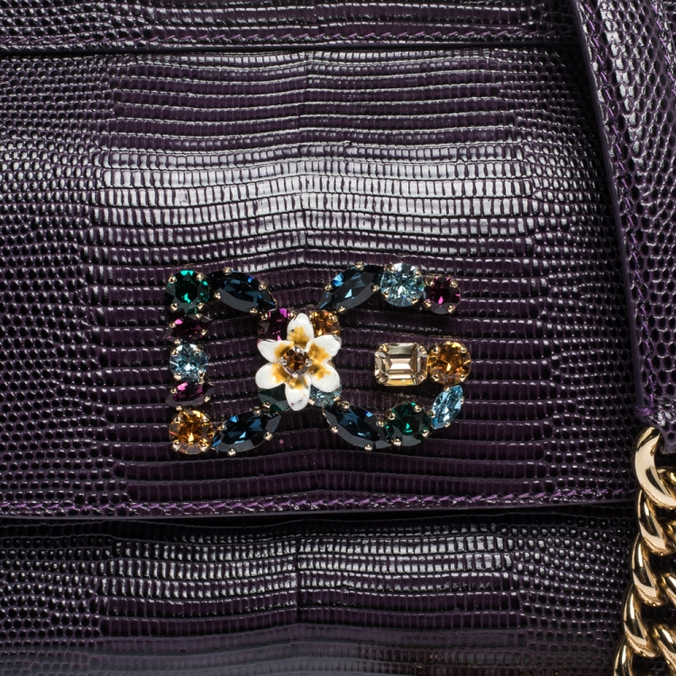 Pre Owned Dolce & Gabbana Purple Lizard Embossed Leather Mini Crystal Embellished Logo Sicily Top Handle Bag