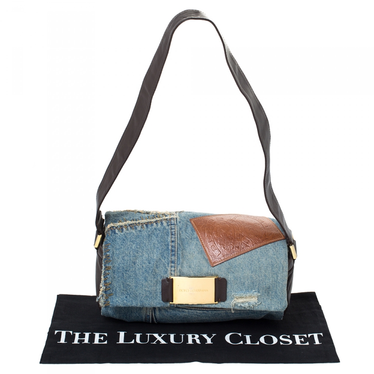Pre Owned Dolce & Gabbana Blue/Dark Brown Denim and Leather Shoulder Bag