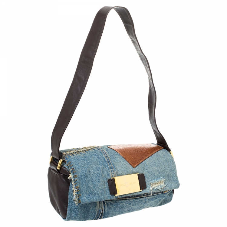 Pre Owned Dolce & Gabbana Blue/Dark Brown Denim and Leather Shoulder Bag