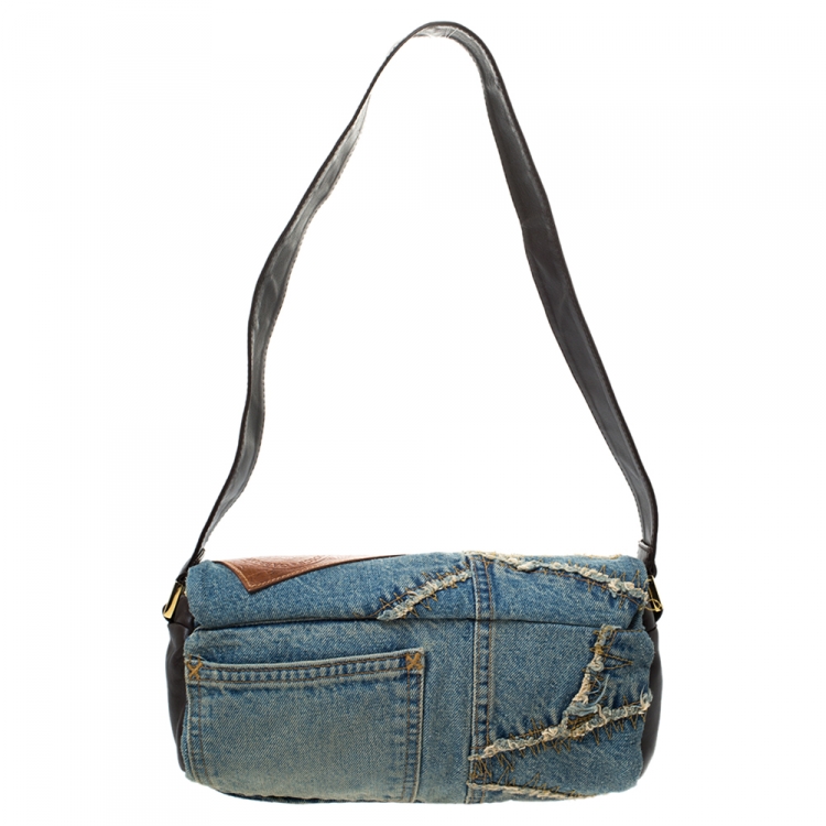 Pre Owned Dolce & Gabbana Blue/Dark Brown Denim and Leather Shoulder Bag