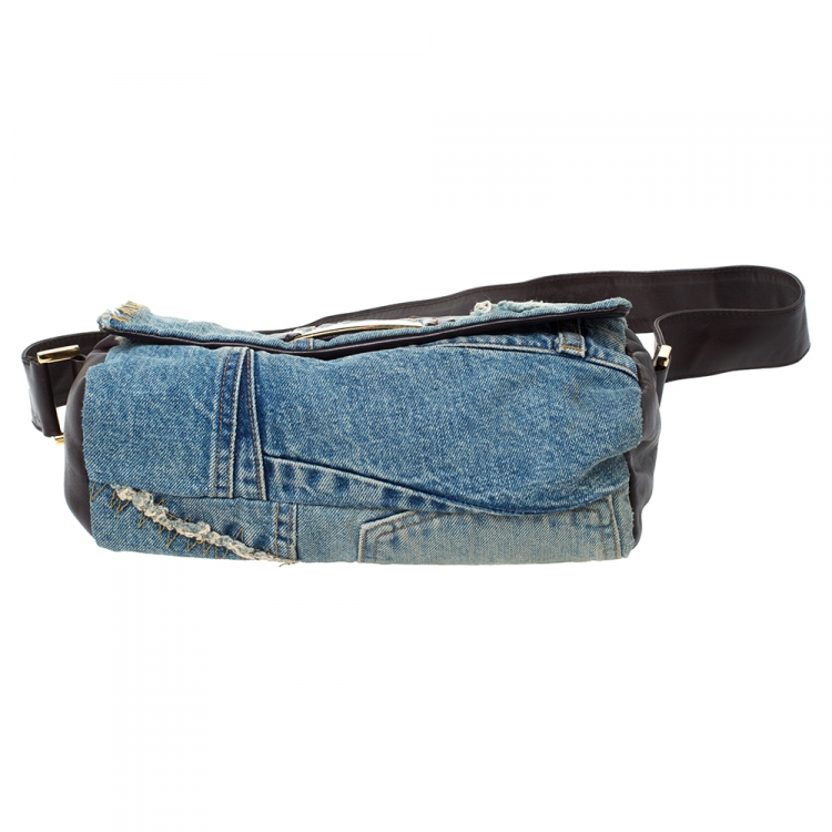 Pre Owned Dolce & Gabbana Blue/Dark Brown Denim and Leather Shoulder Bag