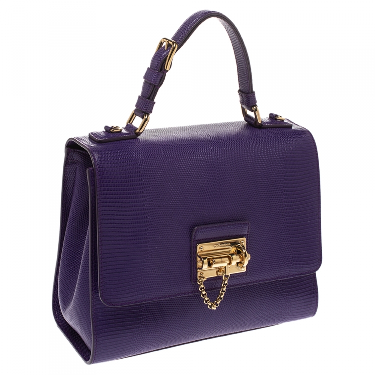 Pre Owned Dolce & Gabbana Purple Lizard Embossed Leather Medium Miss Monica Top Handle Bag