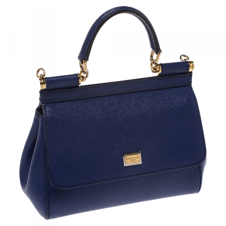 Pre Owned Dolce and Gabbana Blue Leather Mini Sicily Top Handle Bag