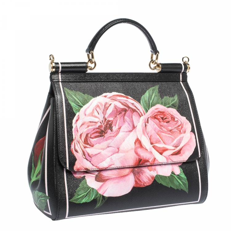 مملوكة مسبقًا Dolce & Gabbana Black Floral Leather Miss Sicily Top Handle Bag