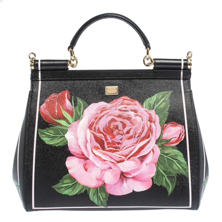 مملوكة مسبقًا Dolce & Gabbana Black Floral Leather Miss Sicily Top Handle Bag