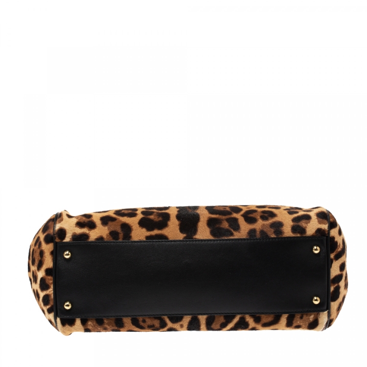 Pre Owned Dolce & Gabbana Brown/Black Leopard Print Calfhair and Leather Large Miss Sicily Top Handle Bag