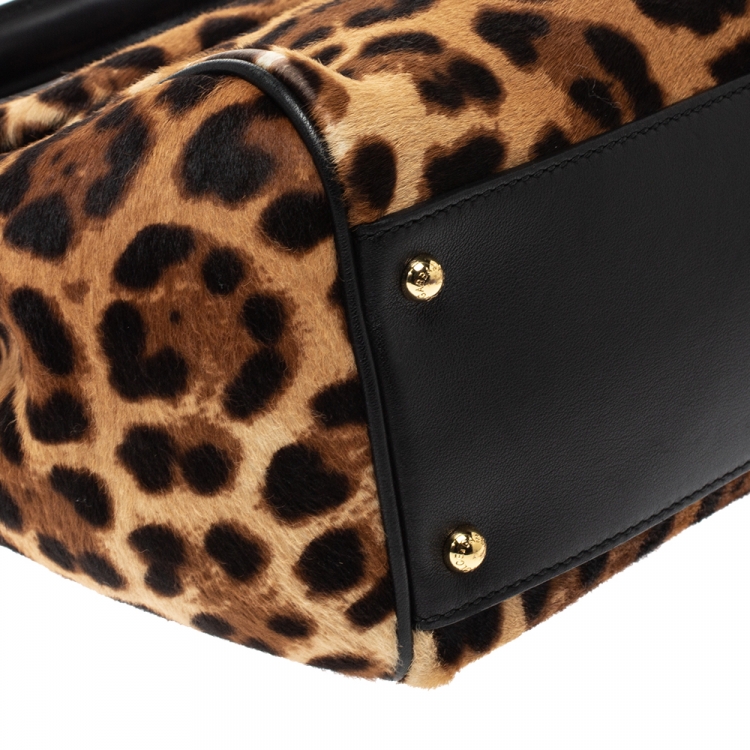 Pre Owned Dolce & Gabbana Brown/Black Leopard Print Calfhair and Leather Large Miss Sicily Top Handle Bag