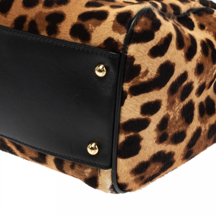 Pre Owned Dolce & Gabbana Brown/Black Leopard Print Calfhair and Leather Large Miss Sicily Top Handle Bag