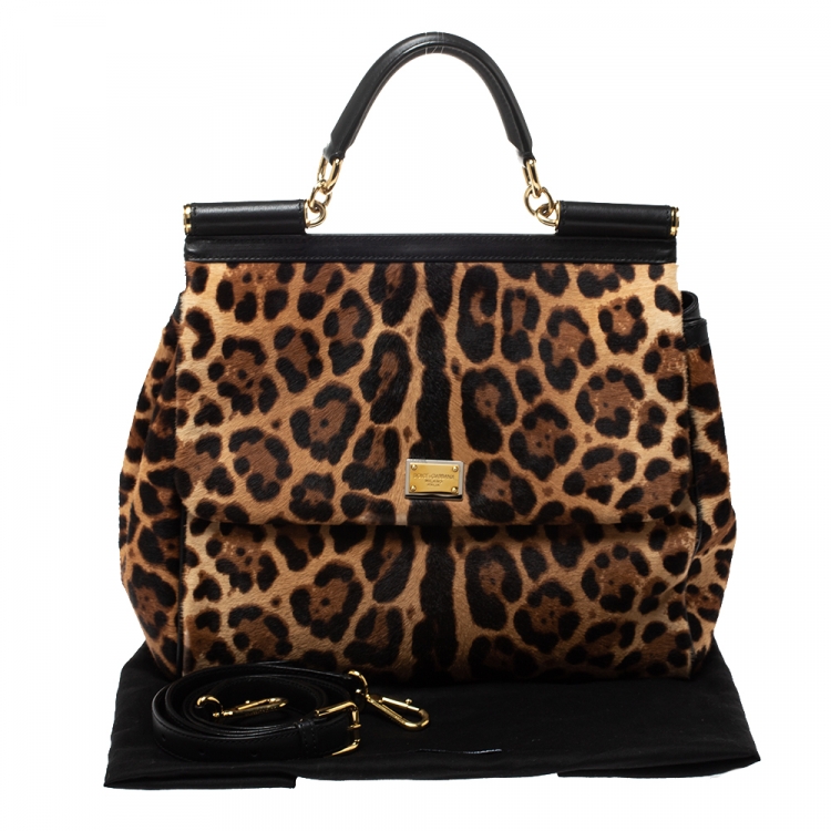 Pre Owned Dolce & Gabbana Brown/Black Leopard Print Calfhair and Leather Large Miss Sicily Top Handle Bag