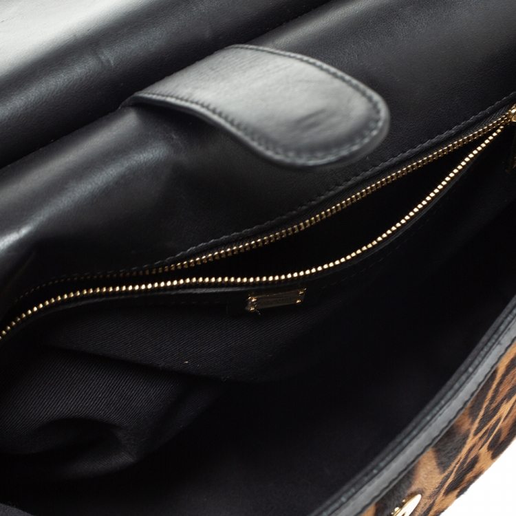 Pre Owned Dolce & Gabbana Brown/Black Leopard Print Calfhair and Leather Large Miss Sicily Top Handle Bag