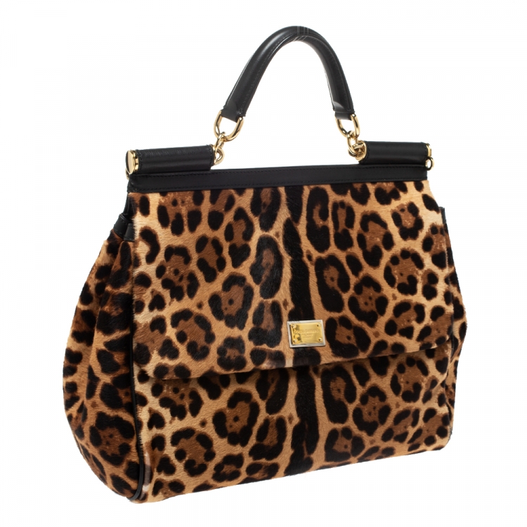 Pre Owned Dolce & Gabbana Brown/Black Leopard Print Calfhair and Leather Large Miss Sicily Top Handle Bag