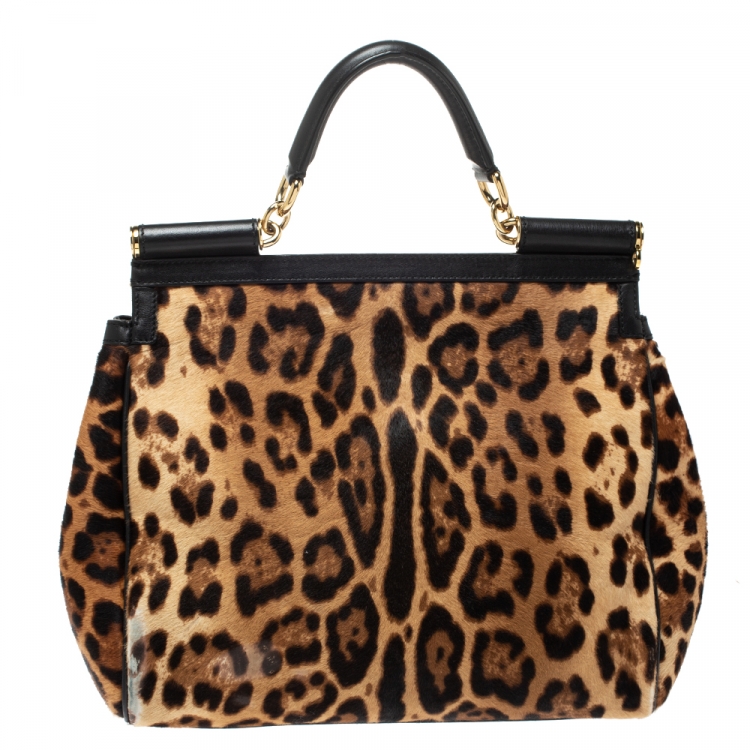 Pre Owned Dolce & Gabbana Brown/Black Leopard Print Calfhair and Leather Large Miss Sicily Top Handle Bag