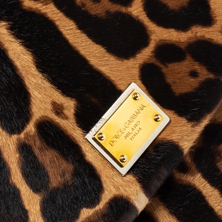 Pre Owned Dolce & Gabbana Brown/Black Leopard Print Calfhair and Leather Large Miss Sicily Top Handle Bag