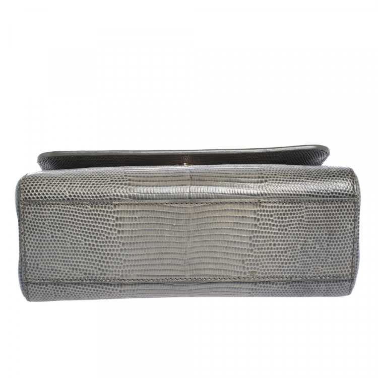 Pre Owned Dolce & Gabbana Grey Lizard Embossed Leather Small Miss Sicily Top Handle Bag