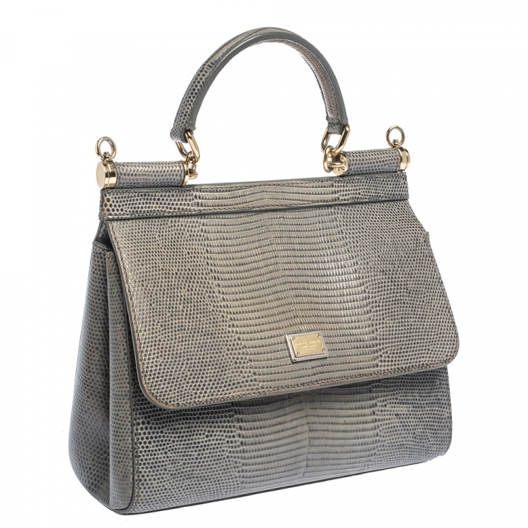 Pre Owned Dolce & Gabbana Grey Lizard Embossed Leather Small Miss Sicily Top Handle Bag