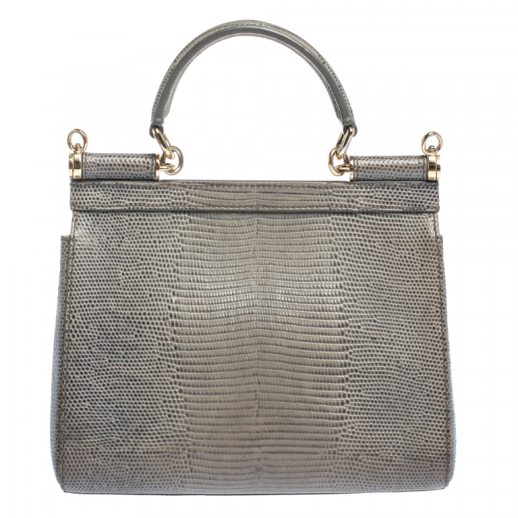 Pre Owned Dolce & Gabbana Grey Lizard Embossed Leather Small Miss Sicily Top Handle Bag