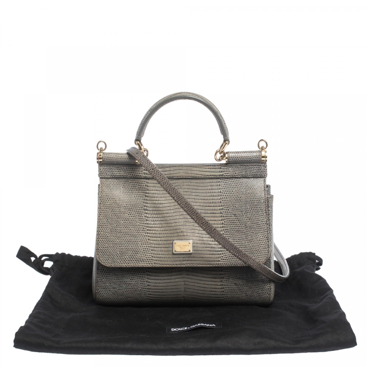 Pre Owned Dolce & Gabbana Grey Lizard Embossed Leather Small Miss Sicily Top Handle Bag