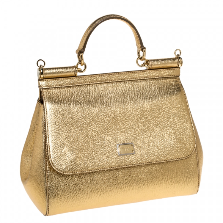 Pre Owned Dolce & Gabbana Metallic Gold Leather Medium Miss Sicily Tote