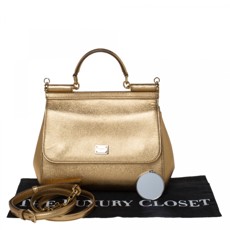 Pre Owned Dolce & Gabbana Metallic Gold Leather Medium Miss Sicily Tote