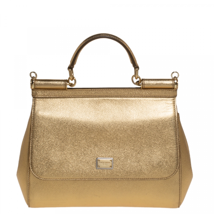 Pre Owned Dolce & Gabbana Metallic Gold Leather Medium Miss Sicily Tote