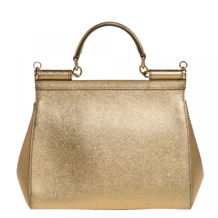 Pre Owned Dolce & Gabbana Metallic Gold Leather Medium Miss Sicily Tote