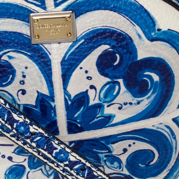 Pre Owned Dolce & Gabbana White/Blue Majolica Print Leather Glam Round Shoulder Bag