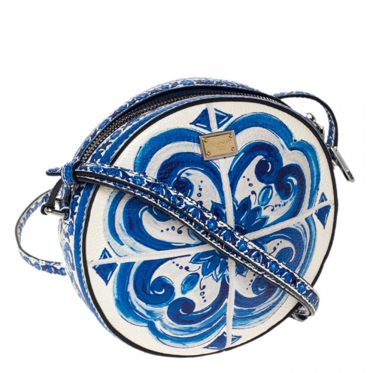 Pre Owned Dolce & Gabbana White/Blue Majolica Print Leather Glam Round Shoulder Bag