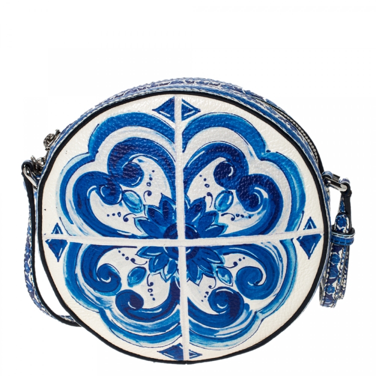 Pre Owned Dolce & Gabbana White/Blue Majolica Print Leather Glam Round Shoulder Bag