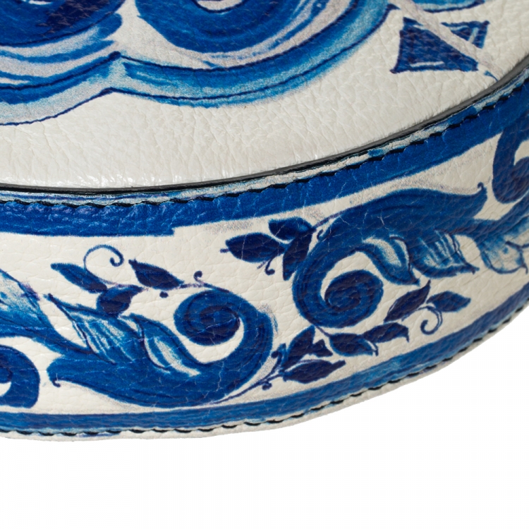 Pre Owned Dolce & Gabbana White/Blue Majolica Print Leather Glam Round Shoulder Bag