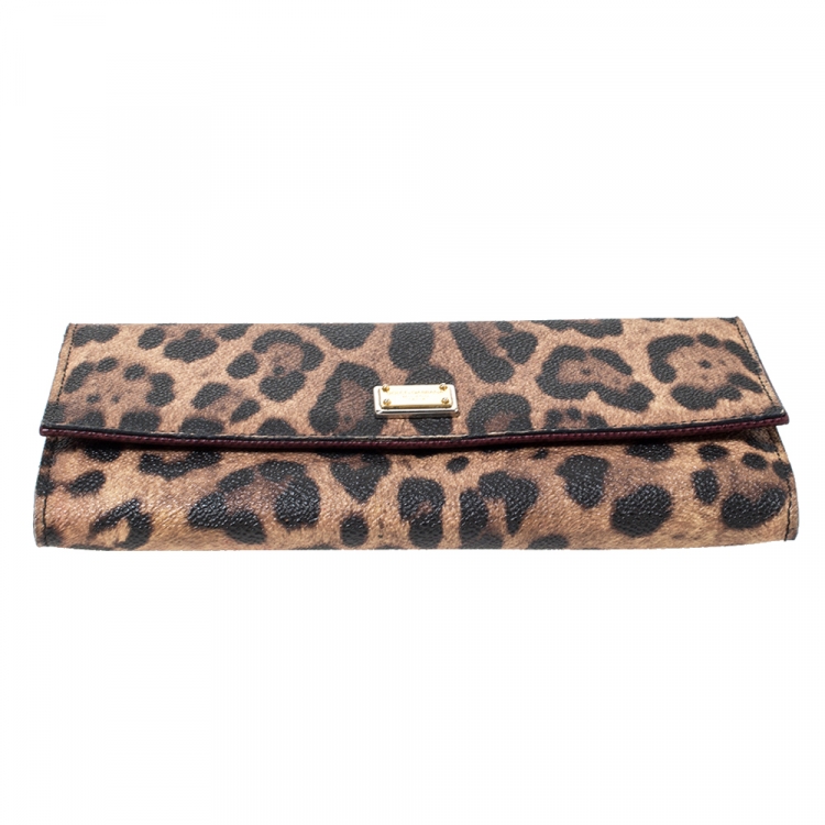 Pre Owned Dolce and Gabbana Brown Leopard Print Leather Dauphine Continental Wallet