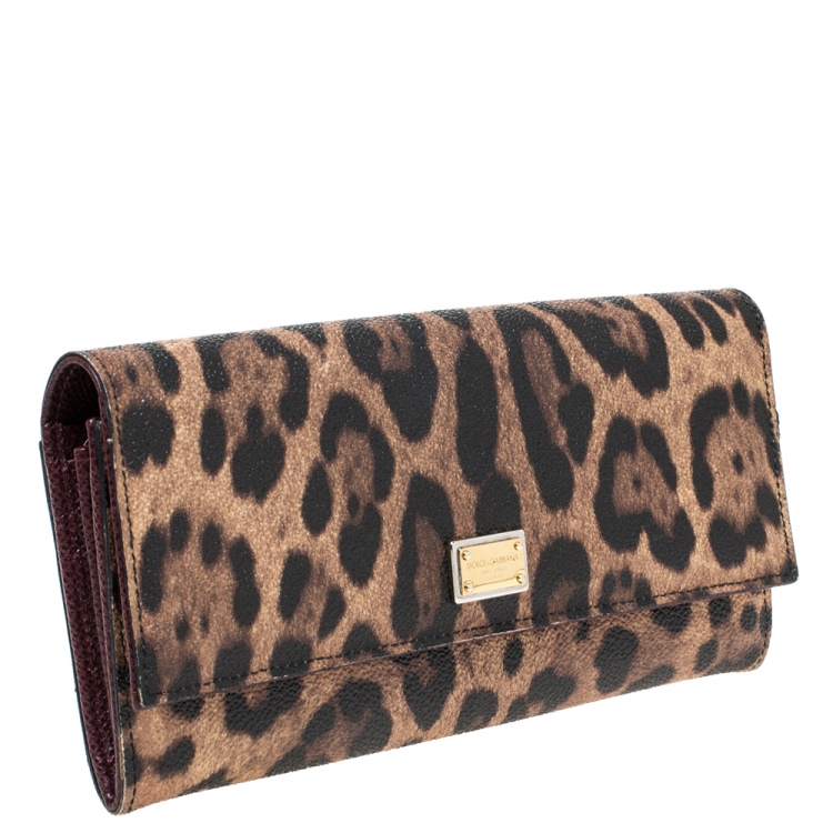 Pre Owned Dolce and Gabbana Brown Leopard Print Leather Dauphine Continental Wallet