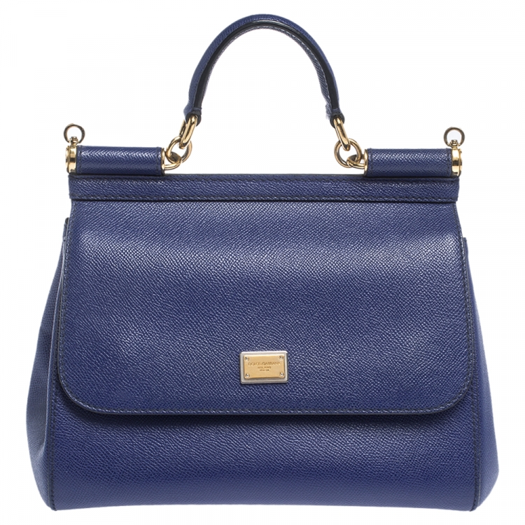 Pre Owned Dolce & Gabbana Blue Leather Medium Miss Sicily Top Handle Bag