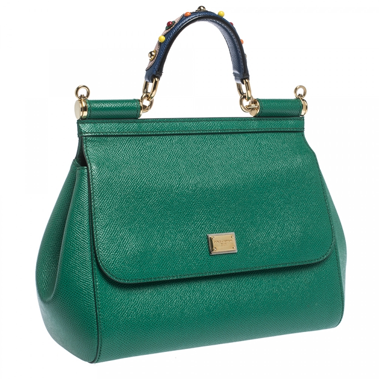 Pre Owned Dolce & Gabbana Green Embellished Handle Leather Medium Miss Sicily Top Handle Bag