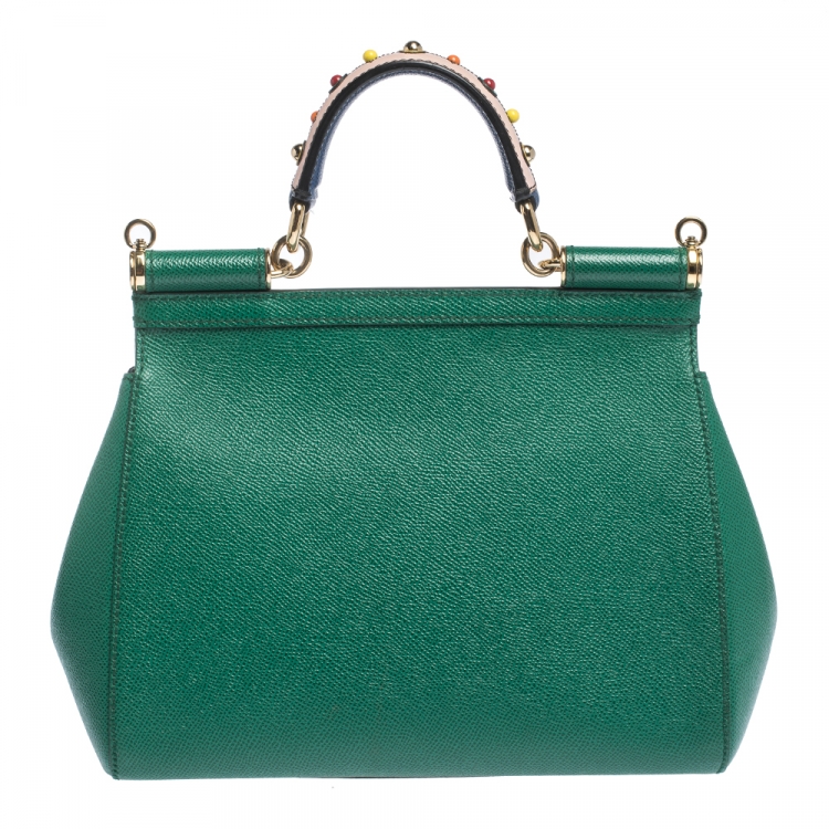 Pre Owned Dolce & Gabbana Green Embellished Handle Leather Medium Miss Sicily Top Handle Bag