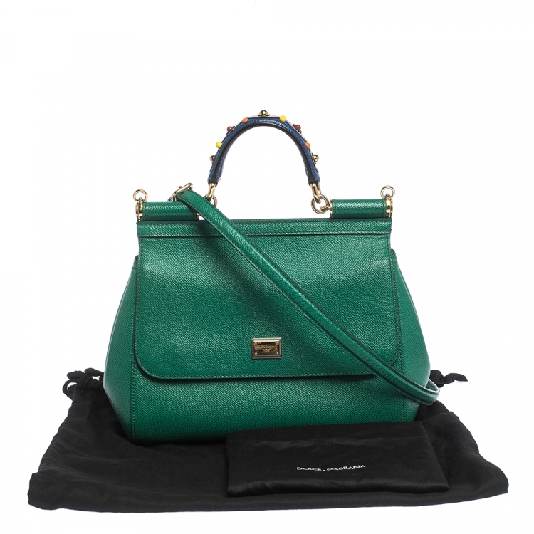 Pre Owned Dolce & Gabbana Green Embellished Handle Leather Medium Miss Sicily Top Handle Bag