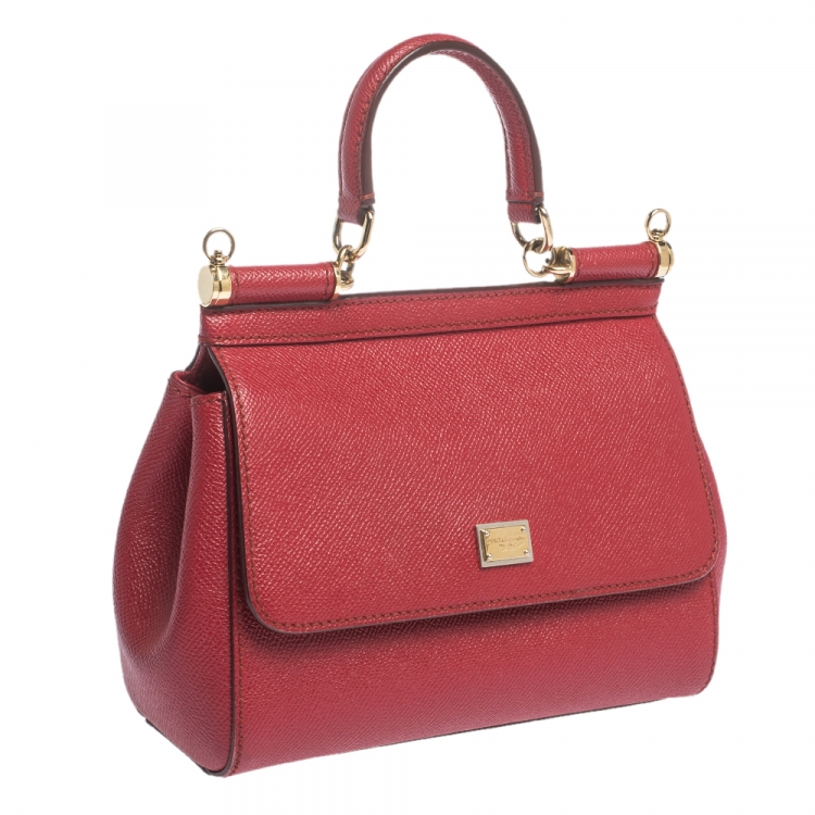 Pre Owned Dolce & Gabbana Red Leather Small Miss Sicily Top Handle Bag