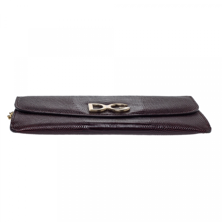 Pre Owned Dolce & Gabbana Dark Red Lizard Embossed Leather Logo Flap Chain Clutch