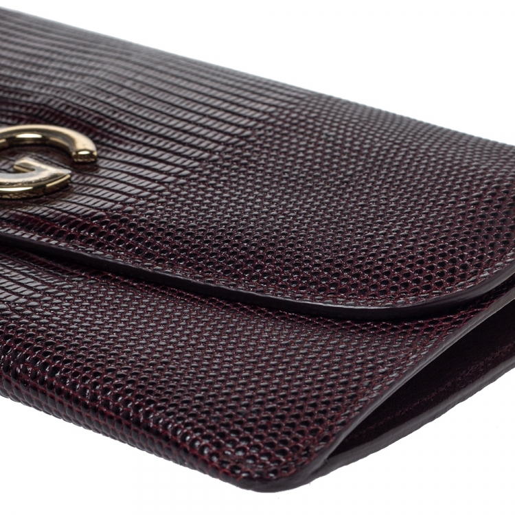Pre Owned Dolce & Gabbana Dark Red Lizard Embossed Leather Logo Flap Chain Clutch