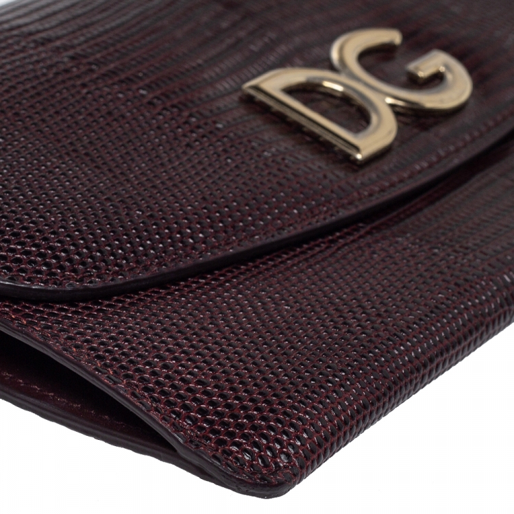 Pre Owned Dolce & Gabbana Dark Red Lizard Embossed Leather Logo Flap Chain Clutch