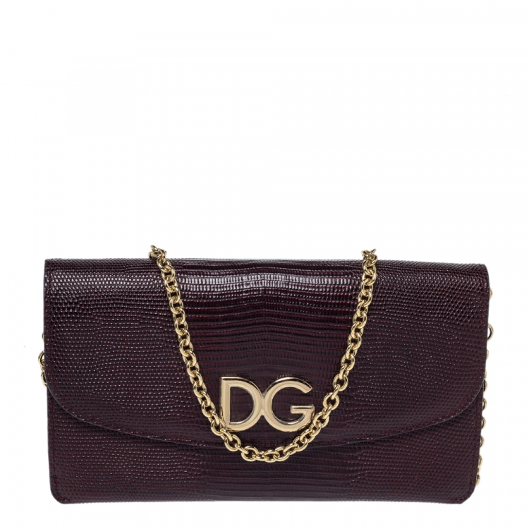 Pre Owned Dolce & Gabbana Dark Red Lizard Embossed Leather Logo Flap Chain Clutch
